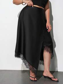Maija Plus Size Black Elegant Sexy Skirt For Women, Autumn Vintage Asymmetrical Lace Hem Elastic Waist Skirts, Versatile Dinner Cocktail Party Wedding Guest - Black - View 6