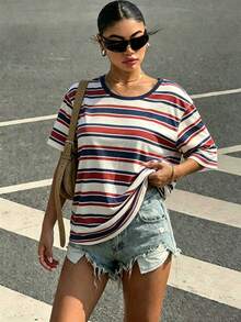 SHEIN EZwear Casual Minimalist All-Over Print Off-Shoulder Loose Short Sleeve T-Shirt For Women,Summer Top - Multicolor - View 4