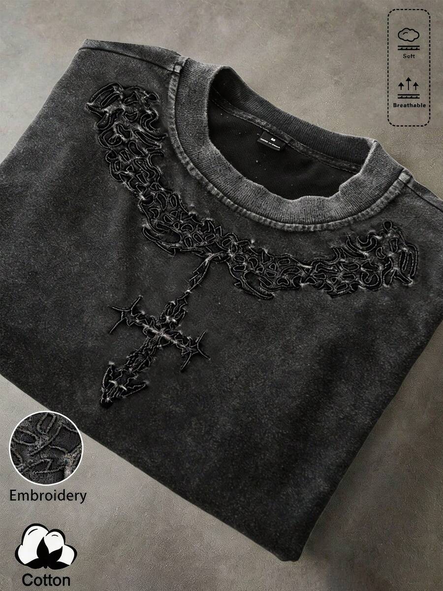 PAVTROS Oversize T-shirt à manches courtes en coton foncé avec motif totem pour hommes, style Y2K rétro, gothique de rue, sous-culture, convient pour le port quotidien, les festivals de musique, les cadeaux - Noir - Voir 1