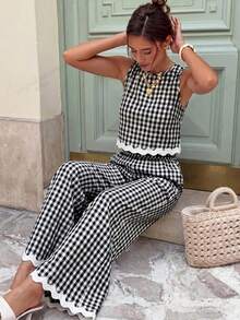 Serisse Women's Vacation Plaid Round Neck Tank Top And Pants Casual European Two Pieces Set Vacation Black Gingham Summer - Black and White - View 9
