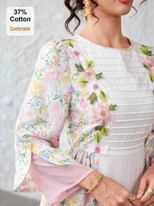 SHEIN Najma Đầm xòe bằng chiffon phối họa tiết hoa trang nhã, màu trơn, viền ren ở eo, khóa kéo, tay lỡ 3/4, chất liệu vải patchwork, dành cho nữ. - Nhiều màu - Xem 3
