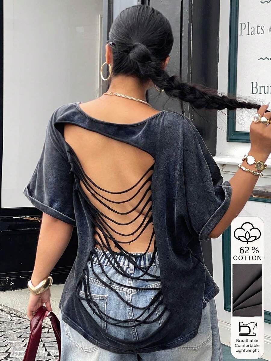 Muchica 加大码女式黑色休闲露背圆领短袖T恤,夏季 - 黑色 - 查看 1