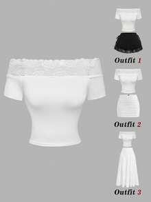SHEIN MOD Women's Elegant Solid Color Off Shoulder Lace Patchwork T-Shirt, Summer, Short Sleeveslacey Off Shoulder Tops - White - View 1