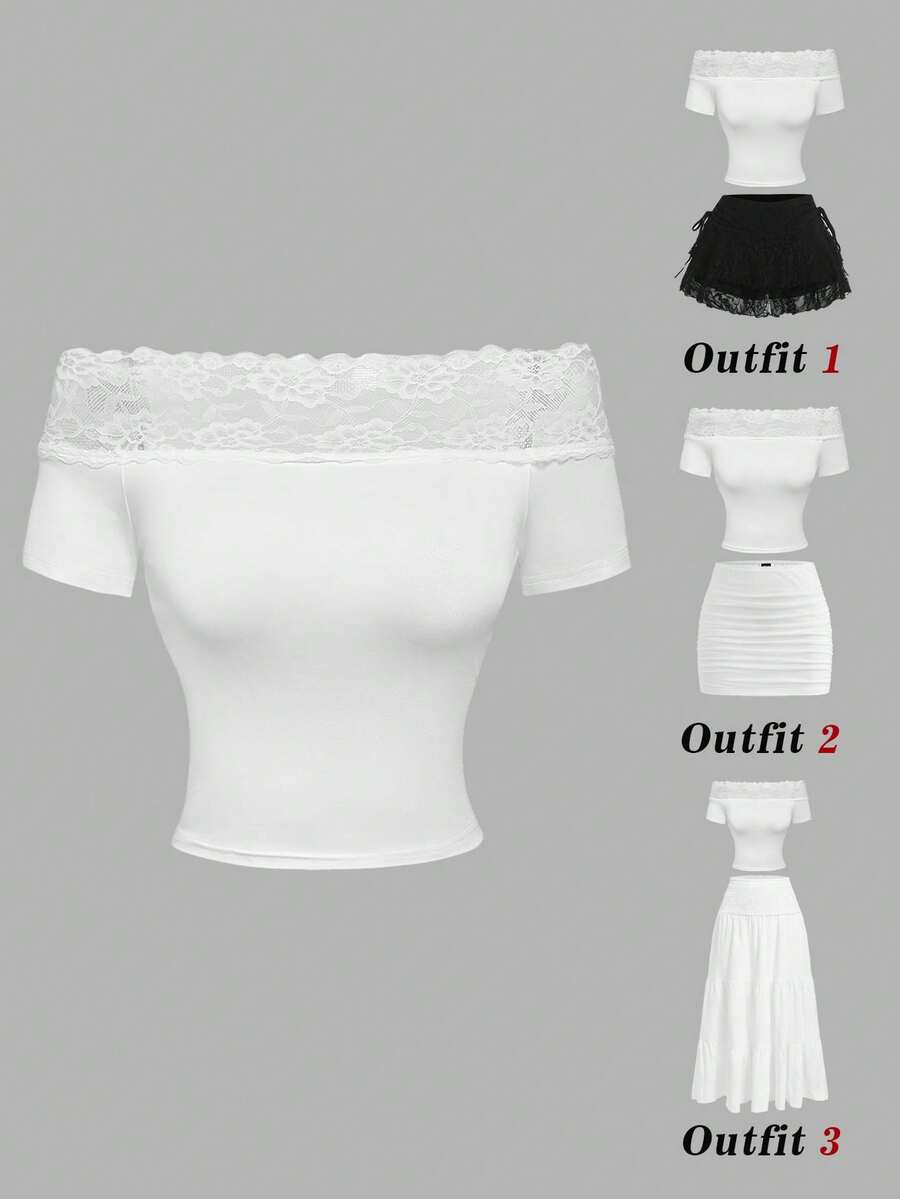 SHEIN MOD Women's Elegant Solid Color Off Shoulder Lace Patchwork T-Shirt, Summer, Short Sleeveslacey Off Shoulder Tops - White - View 1