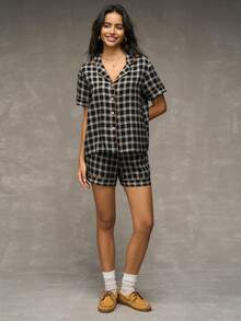 SHEIN Plaid Print Lapel Short Sleeve & Shorts Ladies Pajama Set - Black - View 1