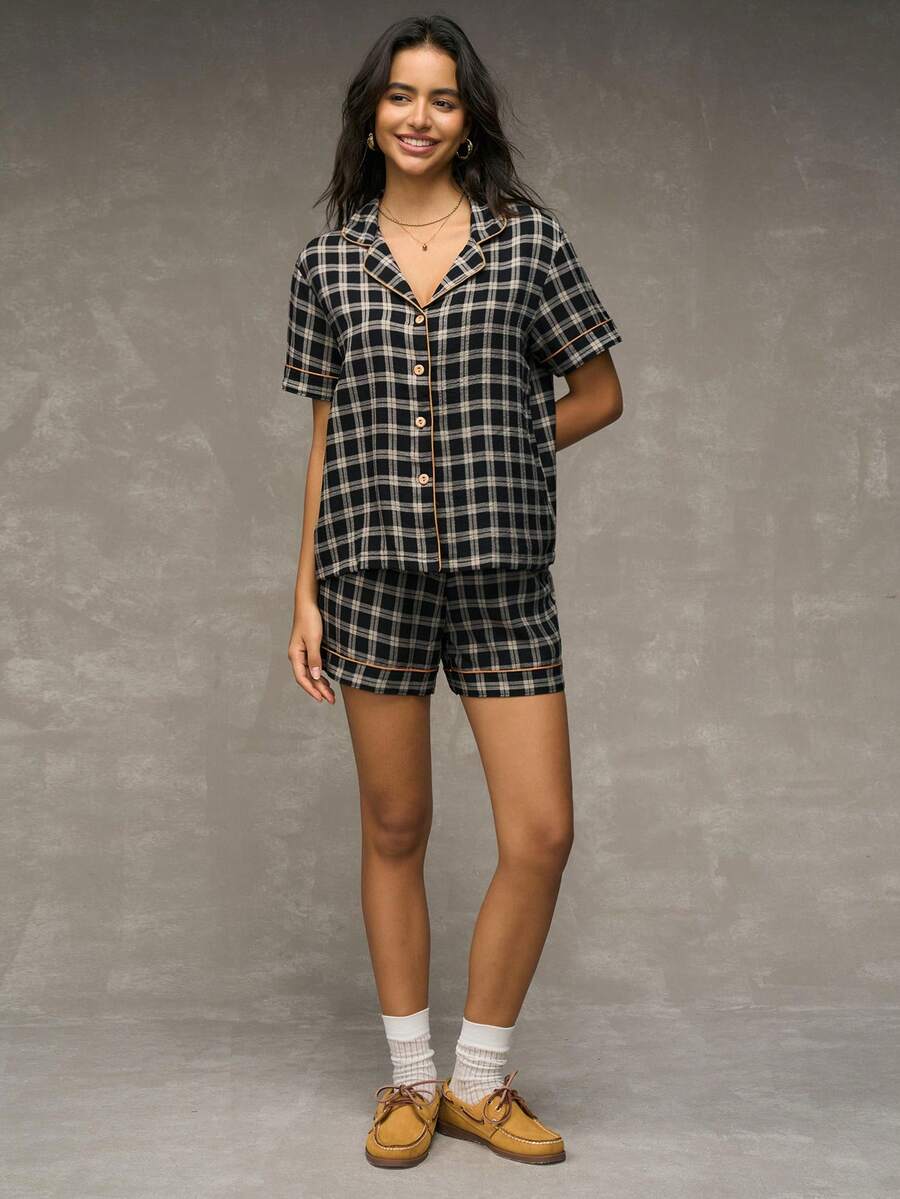 SHEIN Plaid Print Lapel Short Sleeve & Shorts Ladies Pajama Set - Black - View 1