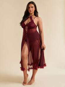SHEIN BAE CURVE 加大码性感露背网眼睡袍，圆领，细肩带 - 紫紅色 - 查看 5