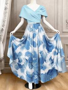 GlowEve 女款拼接設計收腰A字版型度假日常優雅通勤時尚情人節約會法式街頭復古百搭派對早春/春夏短袖綠色新款長洋裝 - 彩色 - 查看 3
