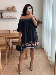 Enliva Váy trễ vai in họa tiết cho nữ size lớn, trang phục thường ngày đi nghỉ mát, phù hợp cho kỳ nghỉ bãi biển, cho dáng người quả táo và tròn trịa - Nhiều màu - Xem 4