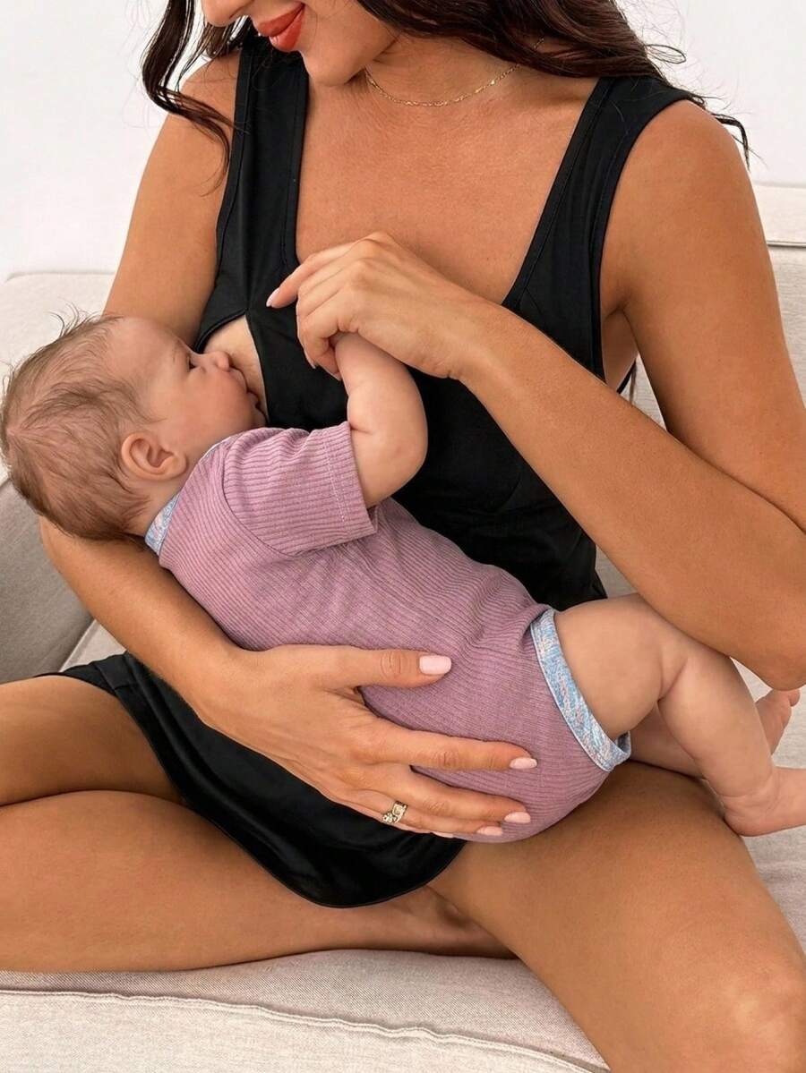 SHEIN 2件套哺乳纯色U领无袖宽肩带舒适夏季套装 - 黑色 - 查看 1