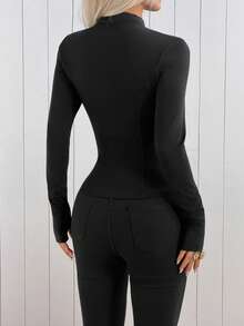 SHEIN EZwear 女款 Y2K 運動街頭風連帽拉鍊外套，拇指孔設計，全黑，適合秋季健身房運動健身 - 黑色 - 查看 4