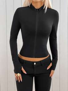 SHEIN EZwear 女款 Y2K 運動街頭風連帽拉鍊外套，拇指孔設計，全黑，適合秋季健身房運動健身 - 黑色 - 查看 6