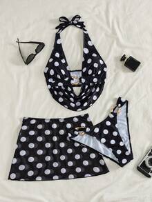 Bonvoyette Bộ bikini nữ họa tiết chấm bi cổ bèo trang trí kim loại kèm chân váy ôm body cover-up, 3 món, đồ bơi thanh lịch phong cách casual cho kỳ nghỉ hè đi biển - Đen và trắng - Xem 5
