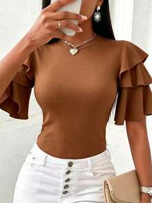 EMERY ROSE CURVE Plus Size Summer Casual Solid Color Ruffle Hem T-Shirt - Rust Brown - View 3
