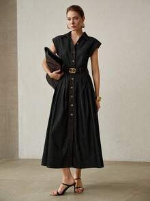 MOTF PREMIUM SPRING/SUMMER WOMEN'S CASUAL COMMUTER FRONT BUTTON DENIM DRESS WITHOUT BELT - Dark Wash - View 6
