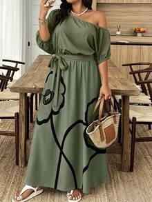 Weeklong Plus Size Women's Vacation Asymmetrical Shoulder Floral Print Elegant Dress - Multicolor - View 1