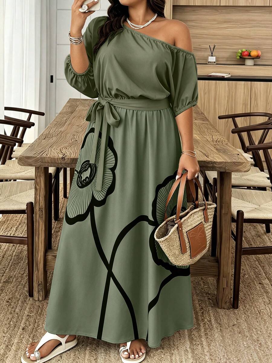 Weeklong Plus Size Women's Vacation Asymmetrical Shoulder Floral Print Elegant Dress - Multicolor - View 1