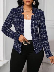 SHEIN Lady 深藍色大尺碼女款格紋長袖開襟優雅西裝外套 女款西裝外套 粗花呢外套 女款套裝外套 女士辦公穿搭 粗花呢西裝外套 冬季外套 商務休閒 女士曲線秋季服飾 大尺碼教師穿搭 大尺碼, 女士秋季服飾 - 藏蓝色 - 查看 3