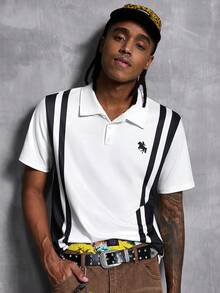 Manfinity Denimwave Polo homme style sport rétro, bloc de couleurs noir & blanc, silhouette de cheval aristocratique, football - Multicolore - Voir 4