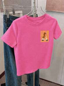 Camiseta casual de manga corta con estampado, holgada y con hombros caídos, adecuada para niñas preadolescentes en verano - Multicolor - Ver 4