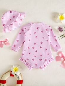 SHEIN Newborn Baby Bow Print Raglan Long Sleeve Zipper Front Casual One-Piece Swimsuit - Pink - View 2
