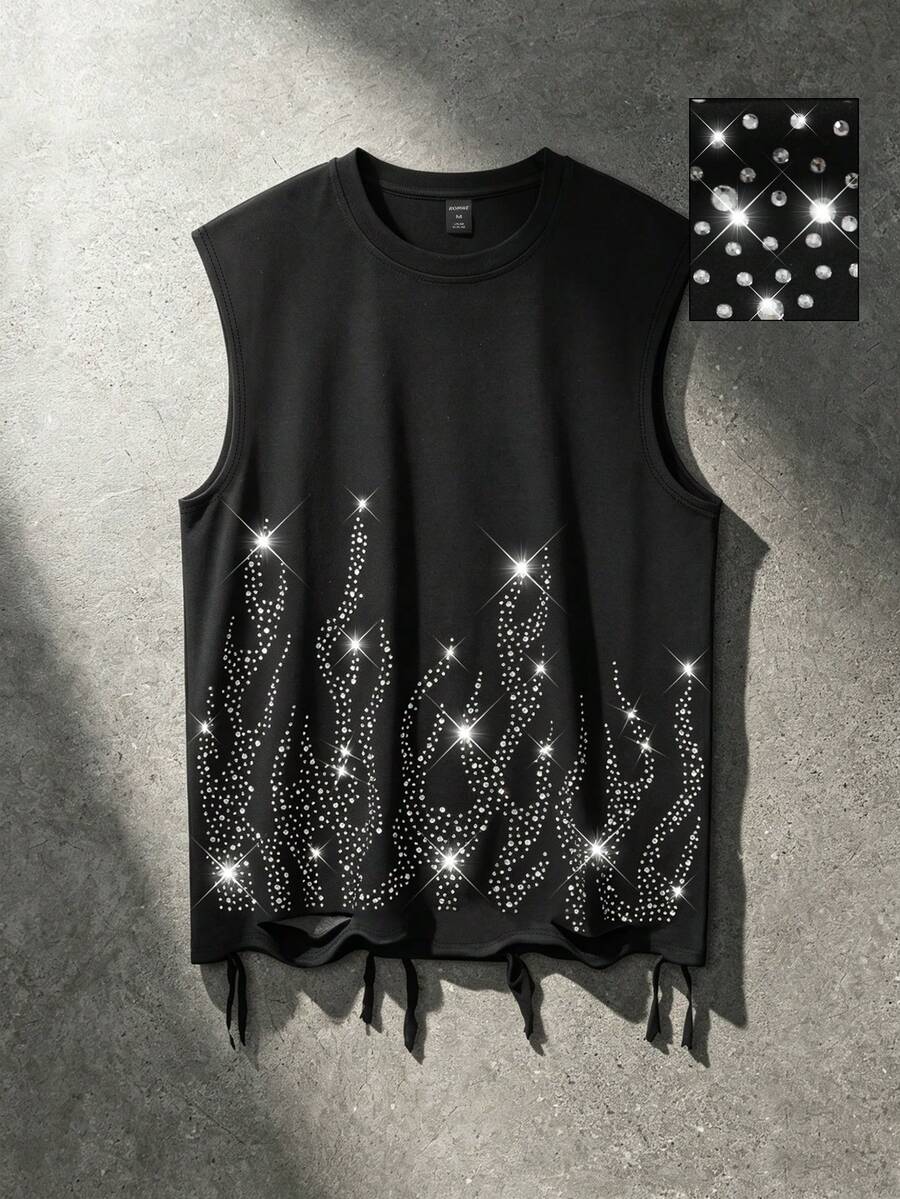 ROMWE MEN Street Life Tank Top Leher Bulat Motif Api dan Rhinestone Gaya Hip Hop untuk Pria, Cocok untuk Pesta - Hitam - View 1