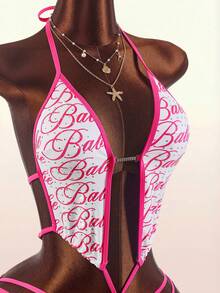 Amplova Women's One-Piece Swimsuit With Pattern Contrast Binding Rhinestone Embellishment Sexy Avant-Garde Cut-Out Backless Design Suitable For Vacation And Party Outfits - Pink - View 12