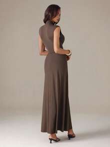 SHEIN Tall Women's Dark Brown Turtleneck Long Knit Dress, Tall Women Work Summer Elegant - Brown - View 2