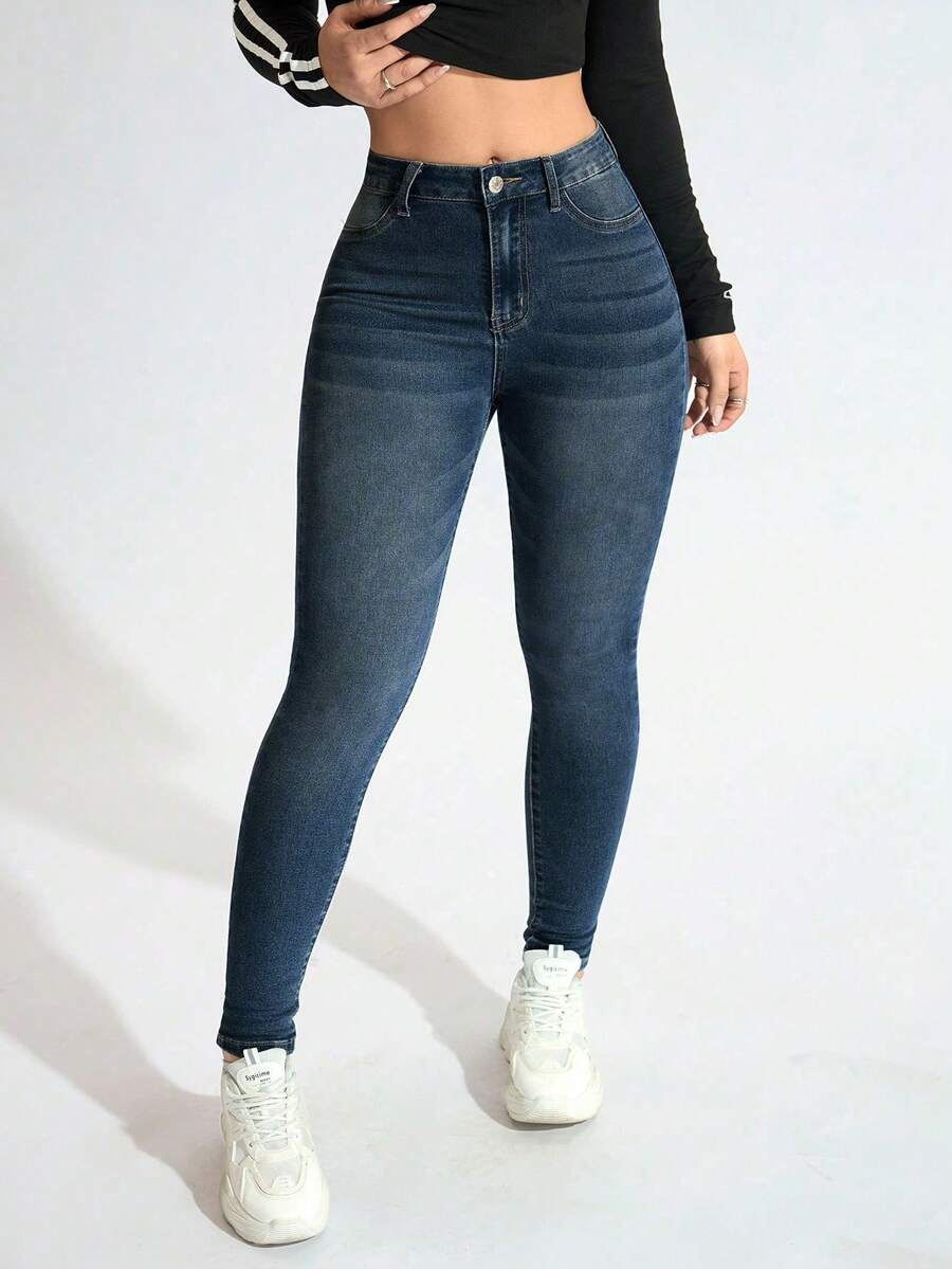 Jeanoix Minimalist Solid Color Slim Fit Zipper Fly Denim Jeans - Dark Wash - View 1