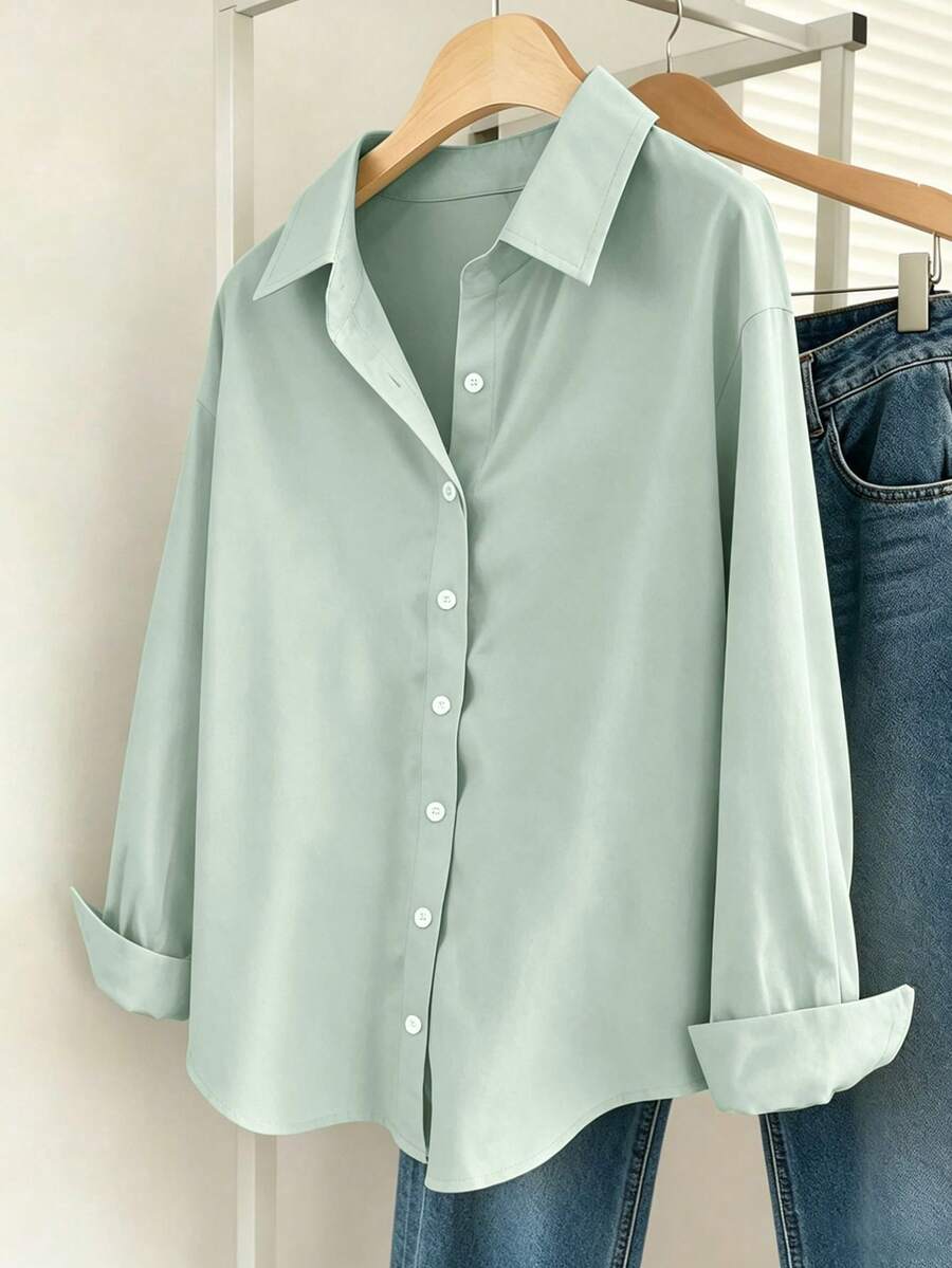 Franclia Women's Simple Solid Color Single-Breasted Lapel Long Sleeve Shirt - Green - View 1