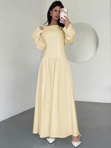 Firerie 女款極簡優雅日常通勤休閒洋裝，白色長袖船領X型A字修身長裙，春夏秋冬新款，教師穿搭，老錢風，優雅通勤裝，職場穿搭，精緻約會，家庭聚會，假期出遊穿搭 - 杏色 - 查看 7