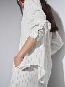 MOTF PREMIUM OVERSIZED LINEN STRIPED LONG SHIRT, LOOSE FIT, SPRING/SUMMER - White - View 3