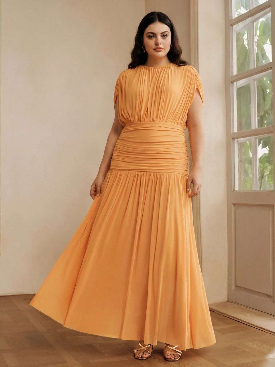Anewsta Spring/Summer New Solid Color Elastic Mesh Soft Delicate Round Neck Gathered Design Plus Size Women Long Dress