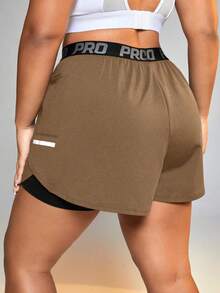 SHEIN Rhythm Era Women's Letter Waistband Pocket Double Layer Sports Shorts - Khaki - View 2