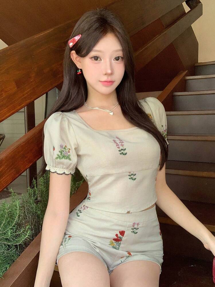 Spring/Summer Floral Plant Print Preppy Style Back To School Wedding Banquet Elegant Short Shirt & Shorts 2pcs Set For Women