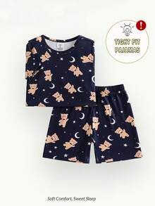 Conjunto de pijama ajustado para niños, camiseta de manga corta y pantalones cortos, estampado lindo de estrella, luna y oso, tela cómoda, adecuado para el uso diario en casa y ropa de dormir para niños - Azul Marino - Ver 3