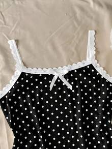 SHEIN 少女经典黑白波点缎带蝴蝶结花边吊带背心和短裤舒适休闲修身粉色睡衣套装，2件套 - 黑色 - 查看 3