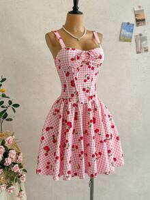 Soleia Women's Vacation Cherry Print Mini Dress Vacation Pink And White Plaid Summer Cute Cottagecore,No Breast Pads Picnic Vacation - Multicolor - View 6