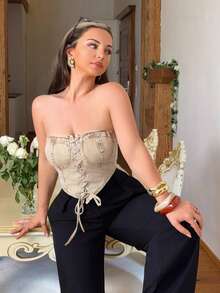 Jeta Ari 女式牛仔抹胸，休闲弹力系带卡其色，牛仔上衣，Y2k 牛仔上衣，女式束身衣上衣，可爱上衣，抹胸，外出上衣，情人节短款上衣，女式夏季上衣，夏季上衣，Y2k 服装，情人节服装 - 卡其色 - 查看 7