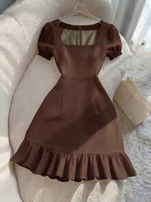 SHEIN Franclia 女士珍珠领短袖方领修身A字连衣裙，优雅纯色，适合出席宾客、宴会、生日、派对等场合，夏季/秋季穿着，棕色 - 咖啡棕 - 查看 7