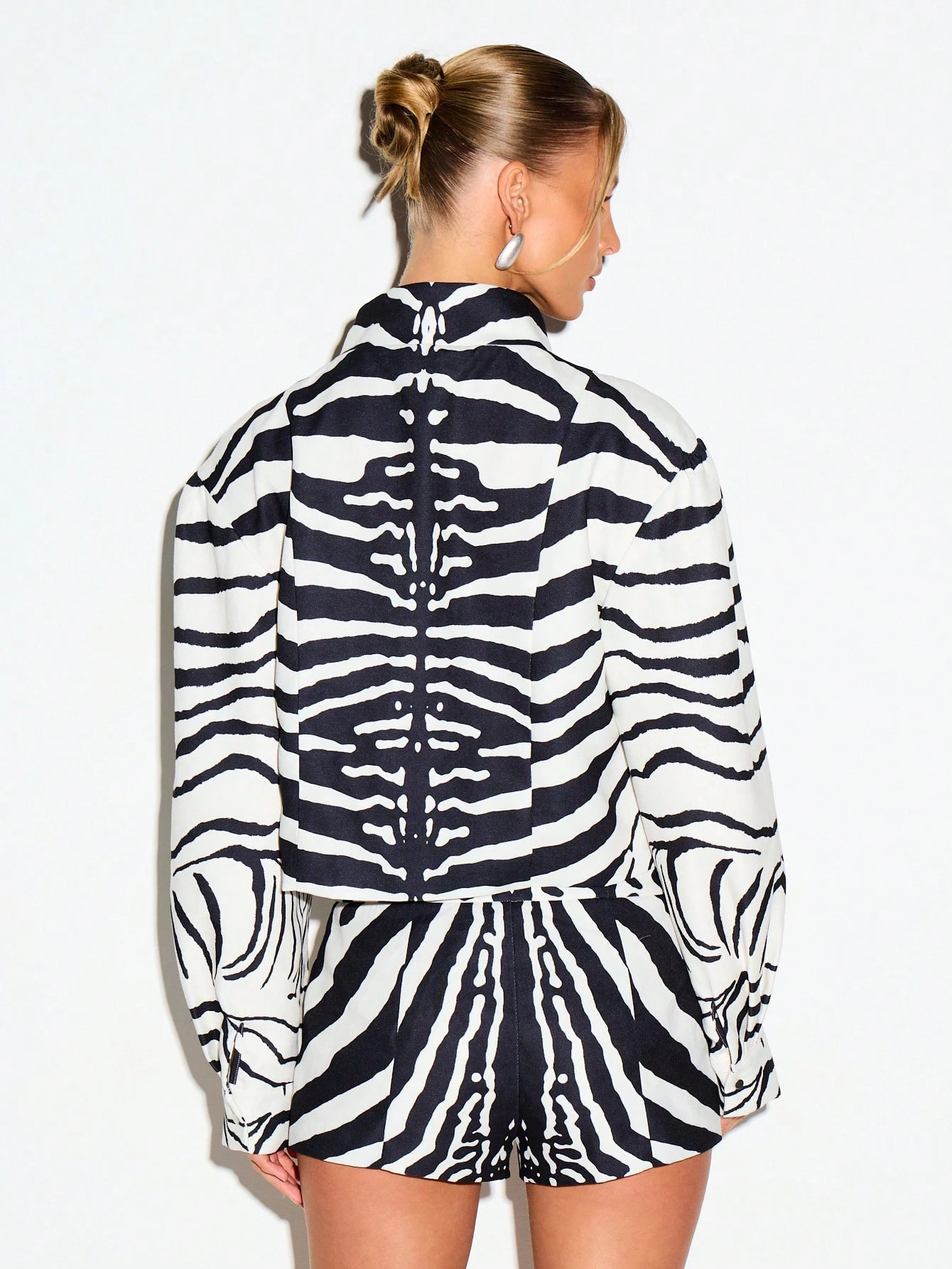 Zebra Print Funnel Neck Boxy Cropped Jacket