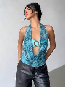 Aloruh New Leopard Print Sexy Cowl Neck Halter Modern Metal Decor Backless Tank Top - Teal Blue - View 5