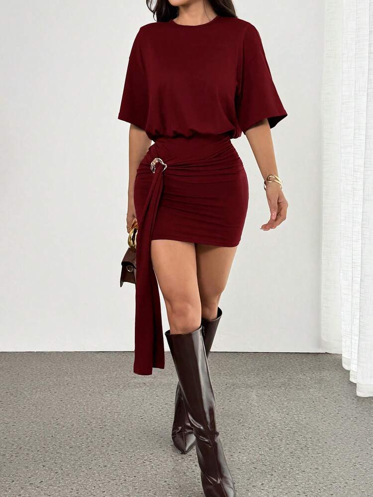 camiseta con detalle de anillo de drapeado, falda ajustada, hombros cuadrados, corte holgado, estilo urbano, lindo, elegante, casual, sexy, para salir, otoño, Navidad, Acción de Gracias, el - Burdeos - Añade 5