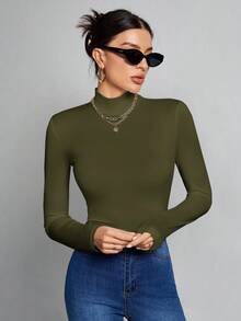 SHEIN Tall 簡約純色修身高領白色上衣，適合秋冬，適合高個女性 - 軍綠色 - 查看 3