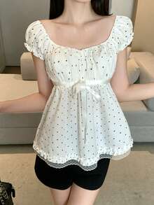 INAWLY Summer Puff Sleeve Polka Dot Square Neck Short Sleeve Women's Ruffle Lace Hem Top - Apricot - View 5
