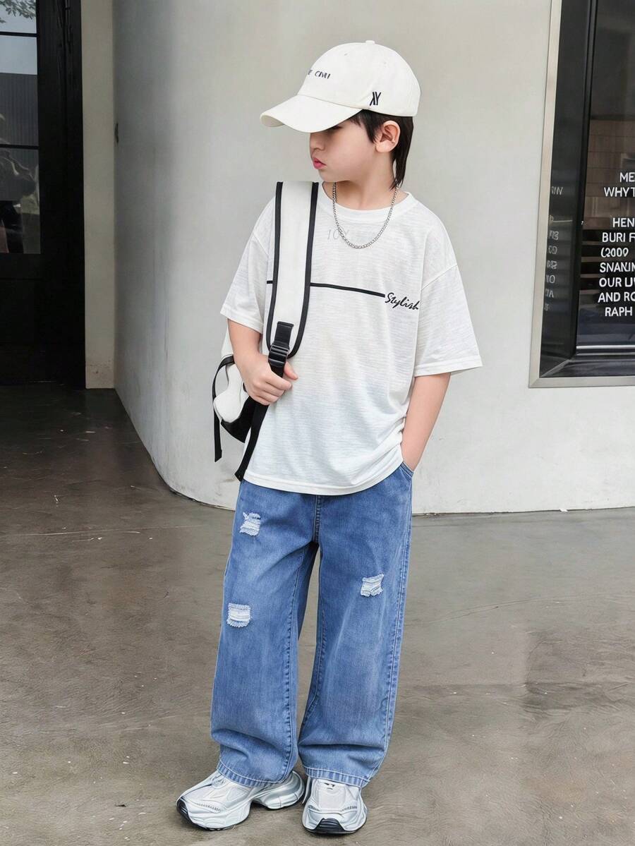青少年男孩2件組休閒百搭舒適印花圓領寬鬆短袖套頭白色針織T恤牛仔梭織寬鬆長褲套裝,適合兒童服飾、男孩服裝、返校、派對、表演、婚禮、洗禮、日常、上學、旅行、運動,適用於春夏季 - 白色 - 查看 1