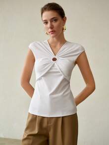 MOTF PREMIUM SPRING/SUMMER WOMEN'S WHITE ELEGANT COMMUTER RUCHED STRUCTURE RIBBED KNIT COTTON TOP - White - View 4