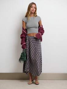 Nöista Diagonally Patchwork Plaid Maxi Skirt, A-Line , Casual Elegant.  Versatile Practical . Wardrobe Essential, Perfect Everyday . Fall Winter. - Pink - View 3