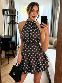 SHEIN PariChic 女款棕色優雅浪漫波點印花掛脖修身腰褶皺荷葉邊短洋裝，春夏季新款情人節約會度假休閒浪漫法式無袖多層荷葉邊生日海灘度假洋裝 - 彩色 - 查看 4