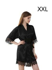 Solid Color Short Sleeve Bathrobe, Lightweight Home Robe, Stylish Bridal Getting Ready Gown For Wedding & Bachelorette Party - Black - View 13